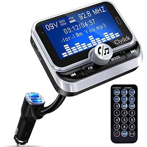 Bluetooth FM Transmitter for Car, Clydek Car Charger Adapter 1.8” Large Display Bluetooth Car Adapter with Remote Control,4 Music Play Modes,Fast Charger,Hands Free,AUX Input&Output