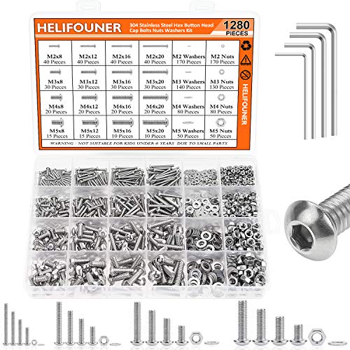 HELIFOUNER 1280 Pieces Button Head Socket Cap Screw Bolts, Flat Washers and Nuts Assortment Kit, Stainless Steel 304, Full Thread (M2 M3 M4 M5)