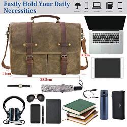 Mens Messenger Bag 15.6 Inch Waterproof Vintage Genuine Leather Waxed Canvas Briefcase Large Satchel Shoulder Bag Rugged Leather Computer Laptop Bag, Khaki