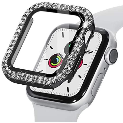 Fullife Compatible for Apple Watch Case Screen Protector 42mm, Bling Crystal Full Cover Tempered Glass Protective Case Compatible for Apple Watch Series 6/5/4/3/2/1 38mm 40mm 42mm 44mm, Black