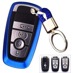Royalfox(TM) 3 4 5 Buttons TPU Smart keyless Entry Remote Key Fob case Cover Keychain for 2017 2018 2019 2020 Ford Mustang Explorer Edge Fusion Mondeo F150 F250 F350 F450 F550 (Blue)