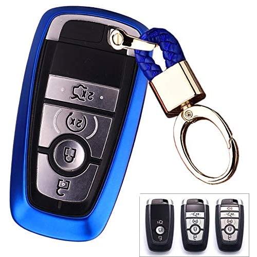 Royalfox(TM) 3 4 5 Buttons TPU Smart keyless Entry Remote Key Fob case Cover Keychain for 2017 2018 2019 2020 Ford Mustang Explorer Edge Fusion Mondeo F150 F250 F350 F450 F550 (Blue)