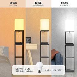 SUNMORY Shelf Floor Lamp with 3-Way Dimmable LED Bulb,Standing Lamp by Solid Wood with 2 USB Ports & 1 Power Outlet & 1 Drawer，Corner Storage Standing Bookshelf Lamp for Bedroom and Living Room