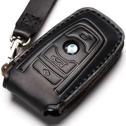 Leather BMW Key Fob Cover Suit for Keyless Remote Control for BMW 1 2 3 4 5 6 7 Series and X1 X2 X3 X5 X6 etc (B Black) …