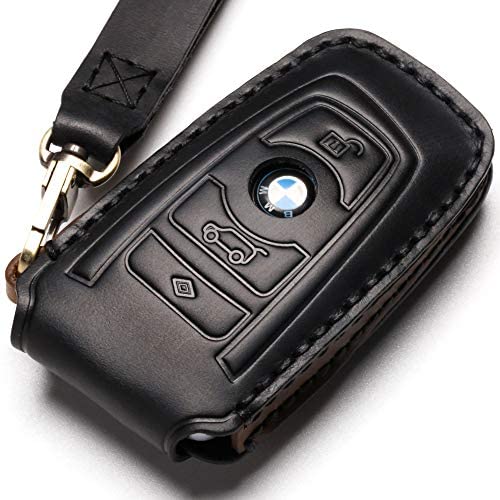 Leather BMW Key Fob Cover Suit for Keyless Remote Control for BMW 1 2 3 4 5 6 7 Series and X1 X2 X3 X5 X6 etc (B Black) …