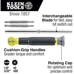 Klein Tools 32581 Precision Screwdriver Set, 4-in-1 Electronics Screwdriver with Industrial Strength Phillips and Slotted Bits