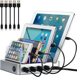 Simicore Charging Station for Multiple Devices, Certified 4 USB Fast Charging Dock, Non-Slip Surface, 5 Short Cables Included, Smart Phones, Tablets, Watch, Other Electronics Organizer, Silver