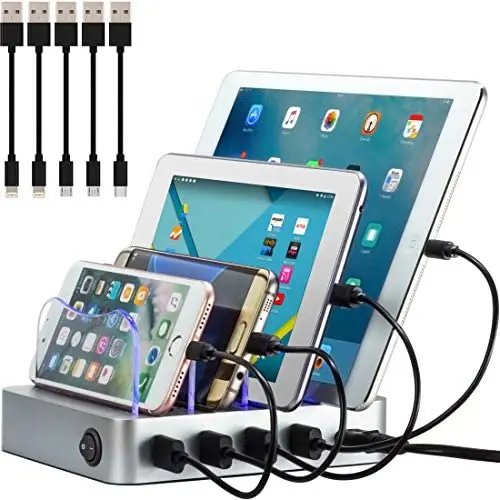 Simicore Charging Station for Multiple Devices, Certified 4 USB Fast Charging Dock, Non-Slip Surface, 5 Short Cables Included, Smart Phones, Tablets, Watch, Other Electronics Organizer, Silver