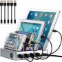 Simicore Charging Station for Multiple Devices, Certified 4 USB Fast Charging Dock, Non-Slip Surface, 5 Short Cables Included, Smart Phones, Tablets, Watch, Other Electronics Organizer, Silver