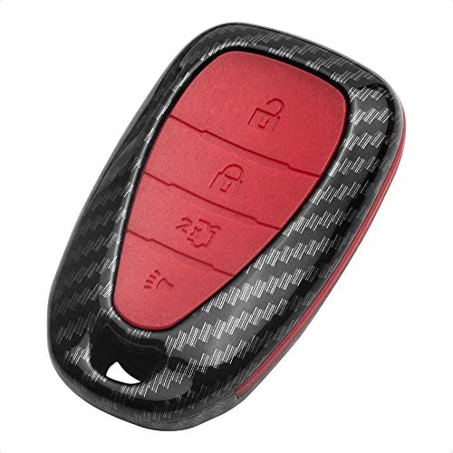 TANGSEN Key Fob Case for CHEVROLET Chevy BOLT CAMARO CRUZE EQUINOX MALIBU SONIC TRAVERSE TRAX VOLT 4 Button Keyless Entry Remote Black Carbon Fiber Pattern ABS Red Silicone Cover