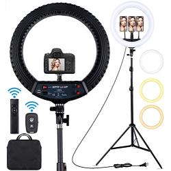 18 inch LED Ring Light with Tripod Stand Dimmable Makeup Selfie Ring Light for Studio Portrait YouTube Vlog Video Shooting with Carrying Bag and Remote Controller