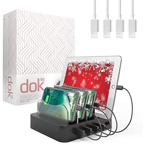Hercules Tuff Charging Station for Multiple Devices, with 4 USB Ports and 4 Short USB Cables Included, Black