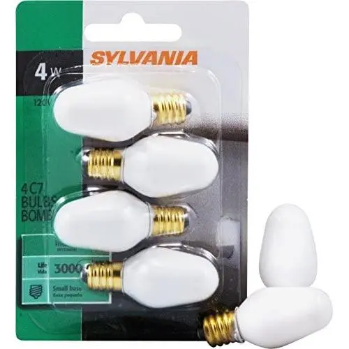 LEDVANCE 621031 13553 Sylvania Incandescent Lamp, 4 W, 120 V, C7, Candelabra Screw E12, 3000 Hr, 4 Piece