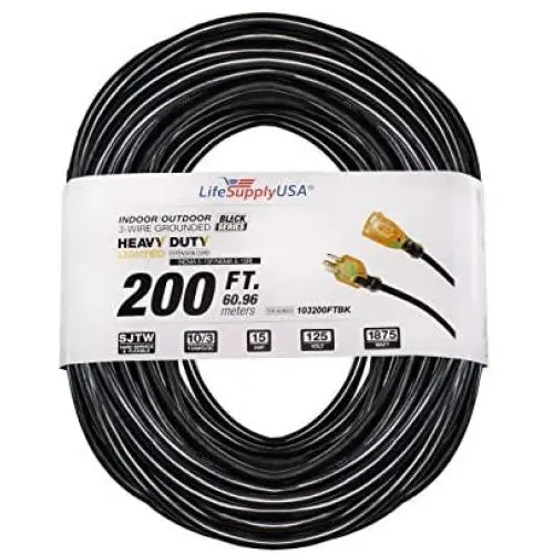 (2-pack) - 200 ft Extension Cord 10/3 SJTW with Lighted end - Black - Indoor/Outdoor Heavy Duty Extra Durability 10 AMP 125 Volts 1875 Watts by LifeSupplyUSA