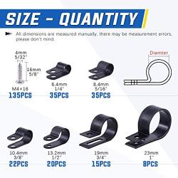 Glarks 135Pcs 6 Sizes 1/4-1 Black Nylon Screw Mounting R-Type Cable Clip Wire Clamp with 132Pcs Screws for Wire, Cable, Conduit and Cable Conduit Kit (Black)