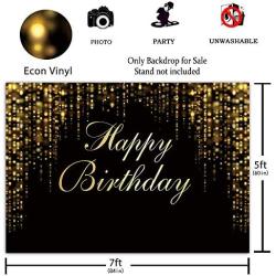 Funnytree 7x5ft Happy Birthday Party Backdrop Black and Gold Glitter Bokeh Sequin Spots Photography Background Golden Sparkle Shining Dots Baby Adult Abstract Banner Cake Table Decoration Photo Booth