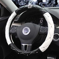 Queens Car Steering Wheel Cover with Noble Crown + Bling Diamond + Exquisite Lattice Design Auto Stylish Elegant Collection Accessories Universal 15''/38cm (Black - White)
