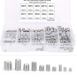 200pcs M3/M4/M5/M6/M8 Stainless Steel Flat Point Hex Socket Grub Screw, Socket Hex Grub Screw Set, with Storage Box, for Various Precision Instruments, Meters and Electronic Products
