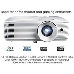 Optoma HD39HDR High Brightness HDR Home Theater Projector | 120Hz Refresh Rate | 4000 lumens | Fast 8.4ms Response time with 120Hz | Easy Setup with 1.3X Zoom | 4K Input | Quiet Operation 26dB