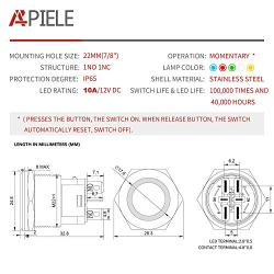 APIELE 10 Amp 22mm Momentary Push Button Switch 12V Angel Eye LED Waterproof Stainless Steel Round Self Reset 7/8 1NO 1NC (10 Amp/White Led)