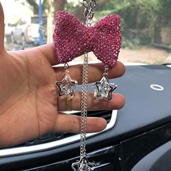 Car Mirror Pendant Charm Car Rear View Mirror Ornament with Tassel Bling Car Accessories Crystal Rhinestone Cute Car Decor Lucky Hanging Car Interior Decaration (Pink Bow)