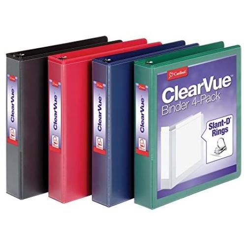 Cardinal 1.5 Inch 3 Ring Binder, D Ring, Assorted, Black, Red, Blue, Green 4 Pack, Holds 375 Sheets (29300)
