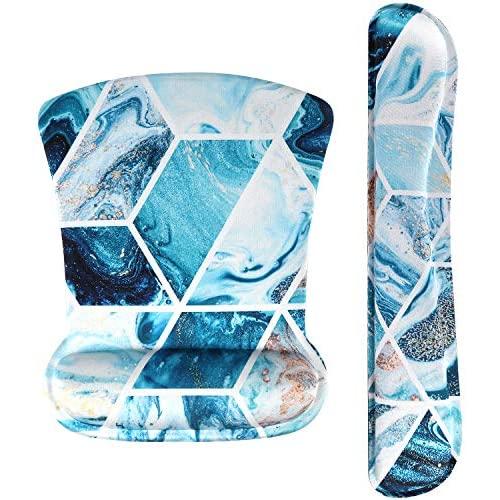 iLeadon Keyboard Wrist Rest Pad and Mouse Wrist Rest Support Mouse Pad Set, Non Slip Rubber Base Wrist Support with Ergonomic Raised Memory Foam for Easy Typing & Pain Relief,Blue Stitching Marble