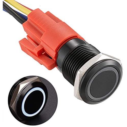 APIELE 16mm Latching Push Button Switch 12V DC On Off Black Shell with LED Angel Eye Head for 0.63'' Mounting Hole with Wire Socket Plug Self-Locking (White/Black Shell)