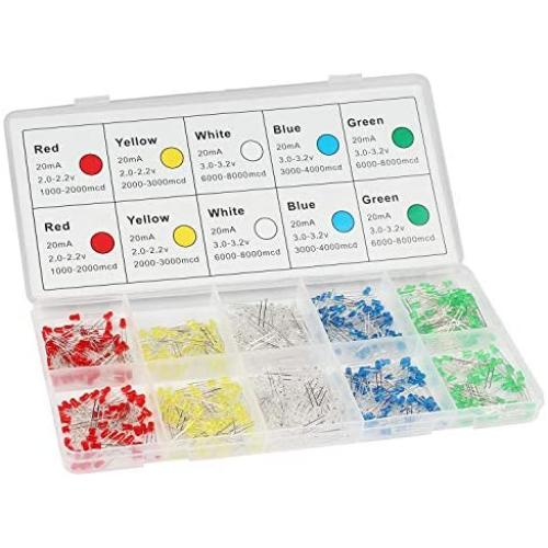 DiCUNO 500Pcs (5 Colors x 100P) 3MM Light Emitting Diode, White/Red/Yellow/Green/Blue Bright Diffused LED Diodes Assorted Kit for Electronic Project, Science Experiments
