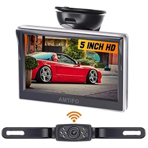 AMTIFO AM-W50 HD Wireless Backup Camera with 5 Inch Monitor License Plate Reverse Camera for Cars,SUVs,Minivans,Parking Camera Crystal Clear Image IP69 Waterproof Super Night Vision
