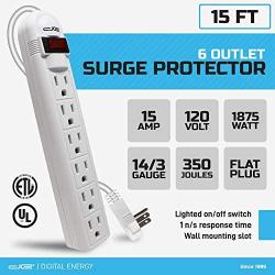 Digital Energy 6-Outlet Surge Protector Power Strip with 15 Foot Long Extension Cord, White, Flat Plug, ETL Listed/UL Standard