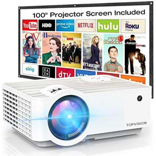 Video Projector, TOPVISION 5500L Portable Mini Projector with 100” Projector Screen, 1080P Supported, Built in HI-FI Speakers, Compatible with Fire Stick, HDMI, VGA, USB, TF, AV, PS4