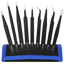 Kingdun 9pcs Stainless steel Tweezer Set,Anti-static ESD Tweezers with Non Magnetic Tips for Electronics Repair, Soldering, Crafting and Jewelry