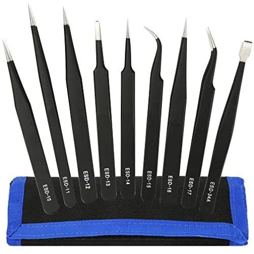Kingdun 9pcs Stainless steel Tweezer Set,Anti-static ESD Tweezers with Non Magnetic Tips for Electronics Repair, Soldering, Crafting and Jewelry