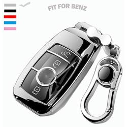 K LAKEY Car Key Fob Cover,Fit for Mercedes Benz C E S M CLS CLK G Class Key Fob,Smart Car Key Soft TPU Case Protector Key Fob with Alloy Keychain Silver (Silver, B)