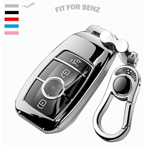 K LAKEY Car Key Fob Cover,Fit for Mercedes Benz C E S M CLS CLK G Class Key Fob,Smart Car Key Soft TPU Case Protector Key Fob with Alloy Keychain Silver (Silver, B)