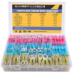 Haisstronica 280PCS Marine Grade Heat Shrink Wire Connectors-Electrical Connectors Kit of Tinned Red Copper,Crimp Insulated Ring Fork Spade Butt Splice(3Colors/7Size) 16-14 22-16 12-10 Gauge