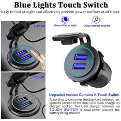 Quick Charge 3.0 Dual USB Charger Socket, Waterproof 12V/24V USB Outlet QC 3.0 Dual Charger Socket with Touch Switch DIY Kit for Car, Golf Cart, Boat, RV, Motorcycle, Truck and More