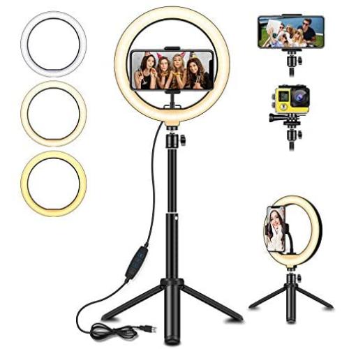 SYOSIN LED Ring Light with Extendable Tripod Stand, 8 LED Selfie Ring Light & Phone Holder with 3 Color Modes and 10 Brightness for Tiktok, YouTube Video, Makeup, Photography, Live Streaming