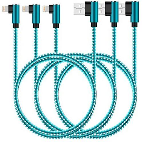 Right Angle iPhone Charger 10ft 3 Pack 90 Degree Lightning Cable Compatible with iPhone 12 11 Pro XS MAX/XR/X/8 8 Plus/7 7 Plus/6 6 Plus/iPad (Light Blue,10ft)
