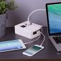 Power Hub 5 USB + 2 AC Charging Station | Built in Surge Protection | Attractive Dependable Table Side Charging Hub | White | Set of 4 Short Cords (Lightning)