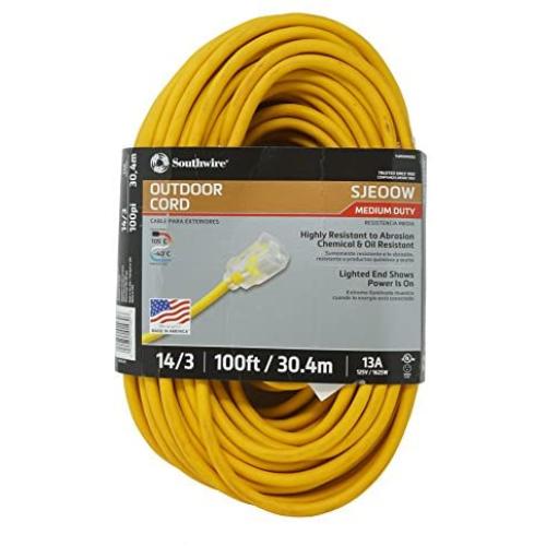Coleman Cable 01489 14/3 Insulated Outdoor Extension Cord with Lighted End, 100-Foot