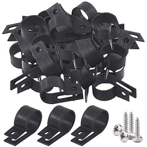 Glarks 60Pcs 3/4 Inch Black Nylon Screw Mounting R-Type Cable Clip Wire Clamp with 60Pcs Screws for Wire, Cable, Conduit and Cable Conduit Kit (Black)
