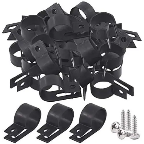 Glarks 60Pcs 3/4 Inch Black Nylon Screw Mounting R-Type Cable Clip Wire Clamp with 60Pcs Screws for Wire, Cable, Conduit and Cable Conduit Kit (Black)