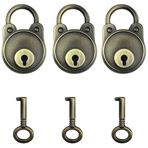 Hyamass 3pcs Vintage Antique Style Mini Archaize Padlocks Key Lock with Keys (Brass)