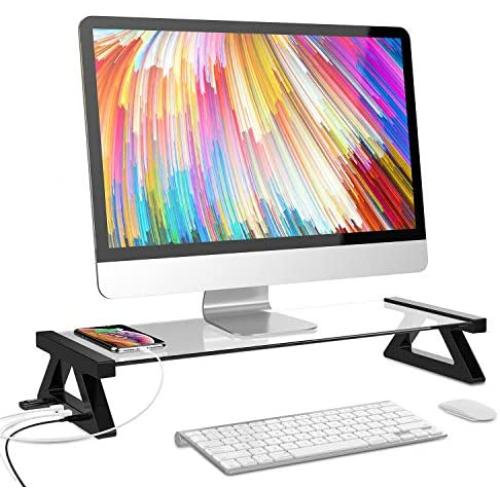 Mufti-Function USB 2.0 Monitor Stand Riser Tempered Glass Computer Screen Stand with Keyboard Storage Space, Fast Charging and External Power Supply (Transparent)