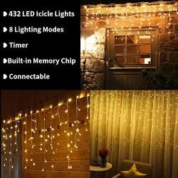 Toodour Icicle Christmas Lights, 432 LED 35.4ft 8 Modes Icicle String Lights with 72 Drops, Window Curtain Fairy Icicle Lights, Icicle Fairy Twinkle Lights for Christmas, Party, Holiday (Warm White)