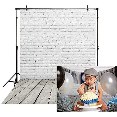 Allenjoy 5x7ft Fabric White Brick Wall with Gray Wood Floor Photography Backdrop Cloths Newborn Baby Photoshoot Child Kids 1st Birthday Cake Smash Photo Background Photographer Props