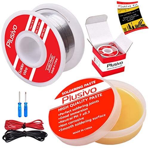Solder Wire and Rosin Paste Flux Kit - 60-40 Tin Lead Rosin Core Solder Wire (0.6mm, 50g) and Rosin Paste Flux (50g) for PCB Electrical Soldering and DIY from Plusivo