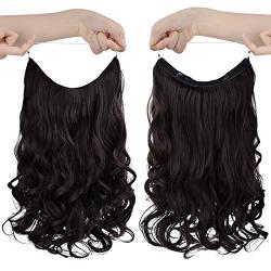 HOOJIH Halo Hair Extensions 2 Ways Adjustable Head Size One Piece Curly Wavy Hair Extension Synthetic Hairpieces for Women 20 Inch --Black brown